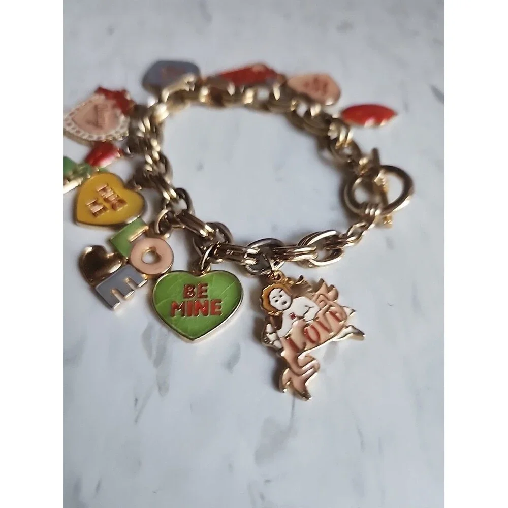 Charm Braclet, Love, Valentine's Day, Hearts, Hugs and Kisses Gold Tone Braclet.